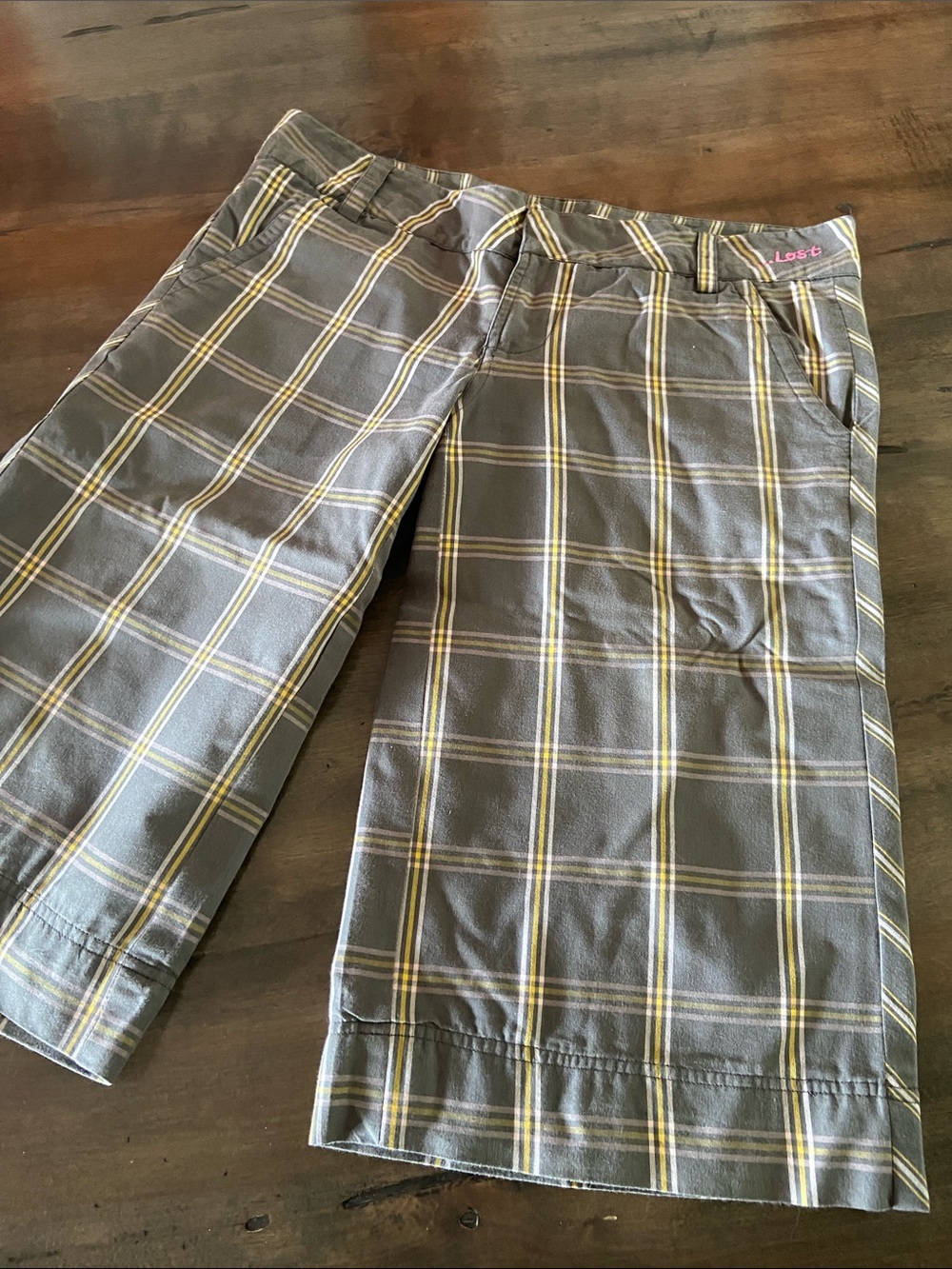 LOST Women’s Gray Plaid Knee-Length board Shorts with Yellow Stripes